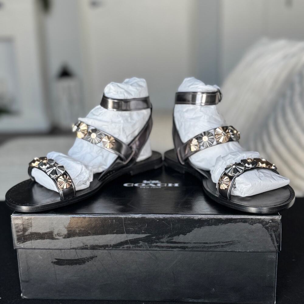 Coach Blanca Mirror Metallic Gunmetal Studded Sandals Women's Size 6.5M NIB